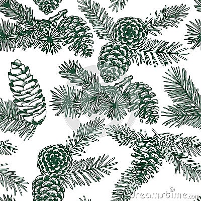 seamless christmas pattern. vintage drawing in sketch style. spruce branches and cones. Christmas tree. Stock Photo